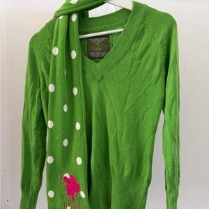 U.S. Polo Assn. Green V-Neck Sweater with Polka Dot Scarf